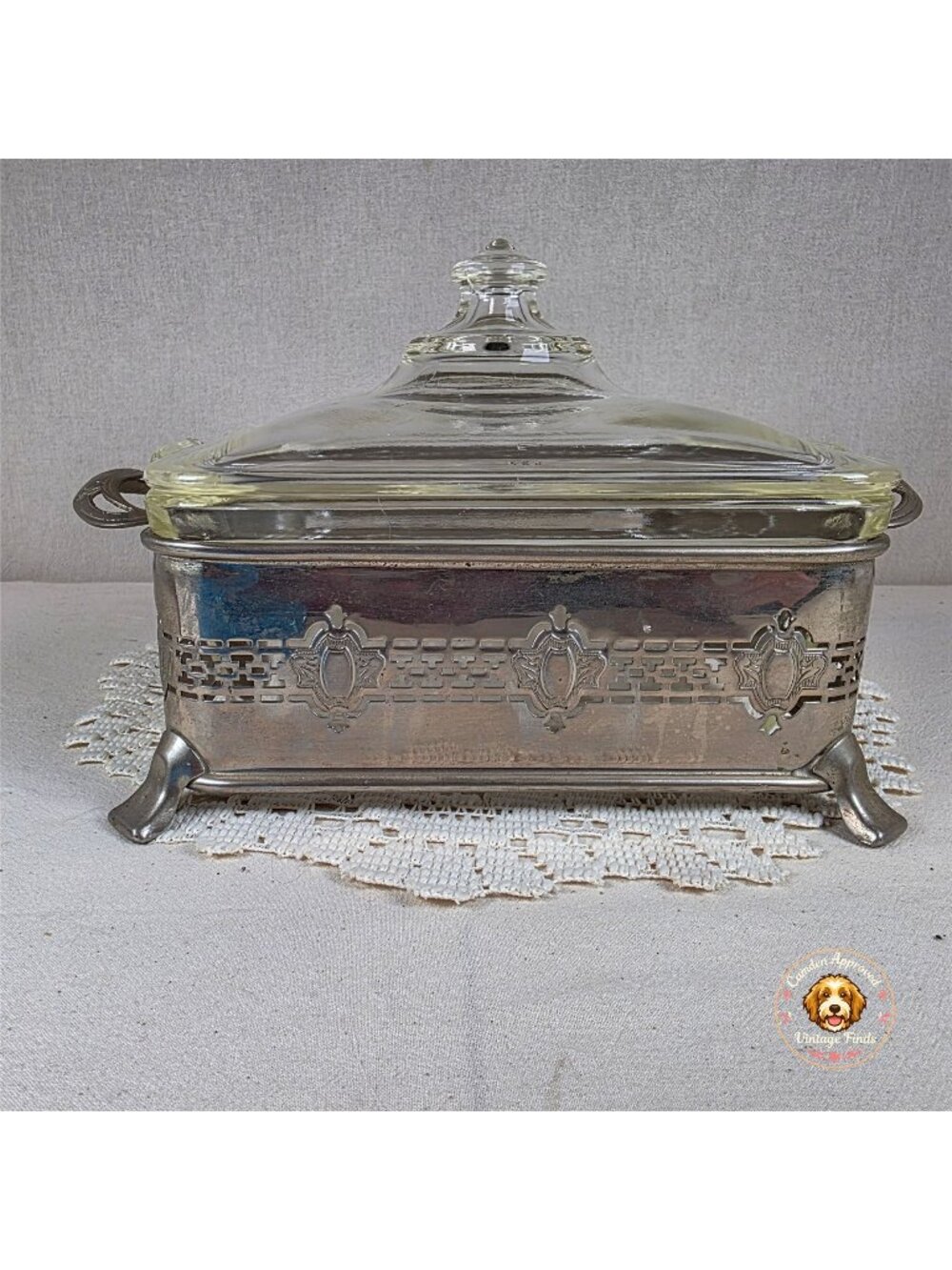 Vintage Pyrex covered refrigerator dish** Decorative silverplate footed serving
